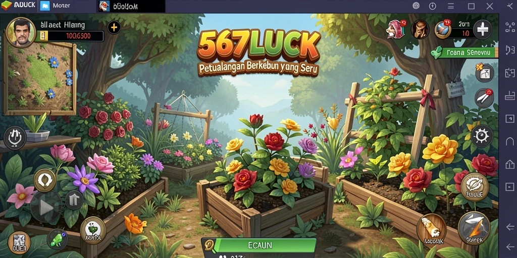 Screenshot gameplay 567LUCK yang menunjukkan ladang yang subur dan beragam tanaman.