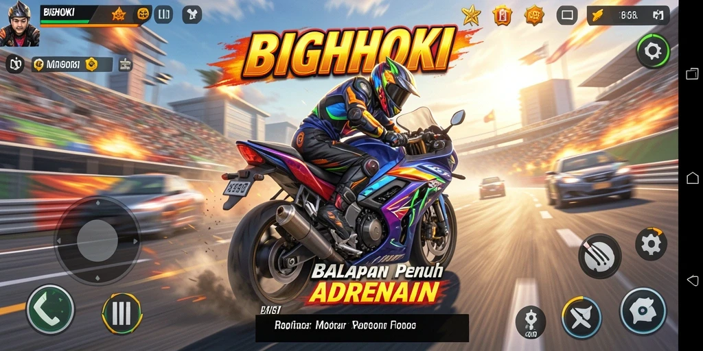 Screenshot gameplay BIGHOKI menampilkan aksi balapan motor yang seru.
