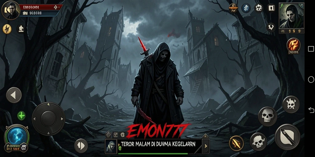 Screenshot gameplay EMON777 yang menegangkan dengan kegelapan yang mencekam.