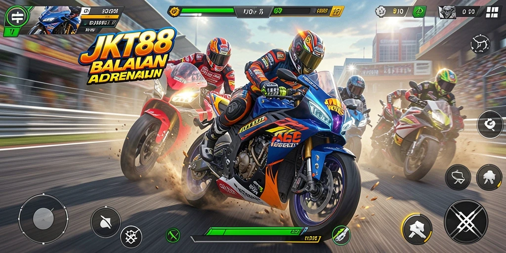 Gameplay seru JKT88 dengan balapan motor yang cepat.