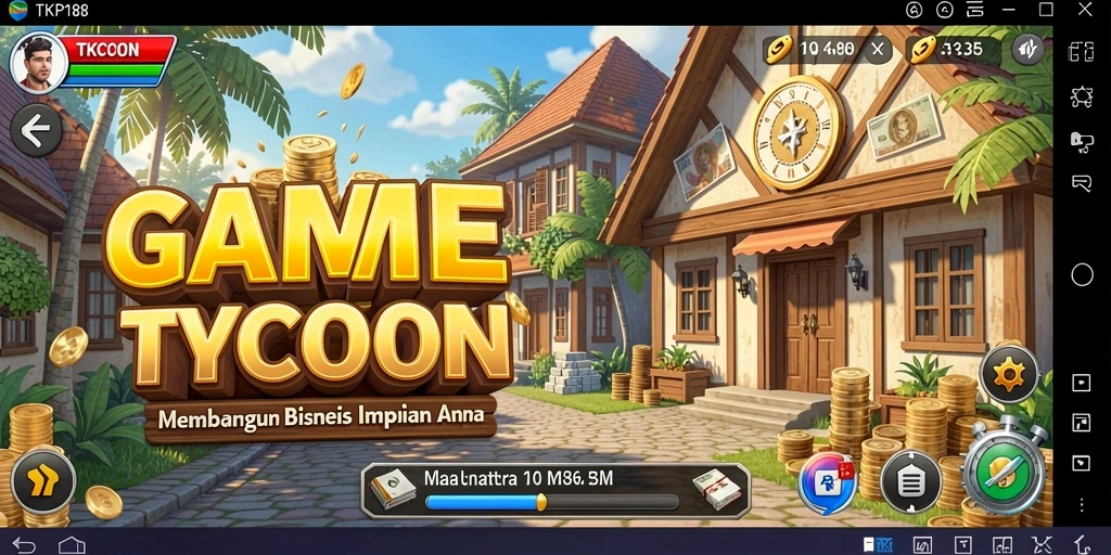 Screenshot gameplay TKP188 yang menunjukkan aktivitas bisnis yang dinamis.
