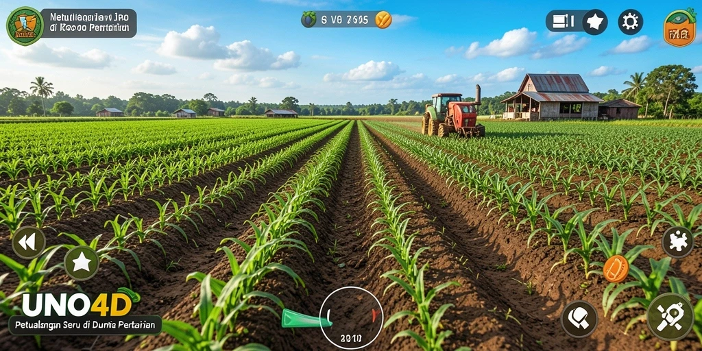 Screenshot gameplay <strong>UNO4D</strong> yang menampilkan ladang yang subur dan hewan ternak.